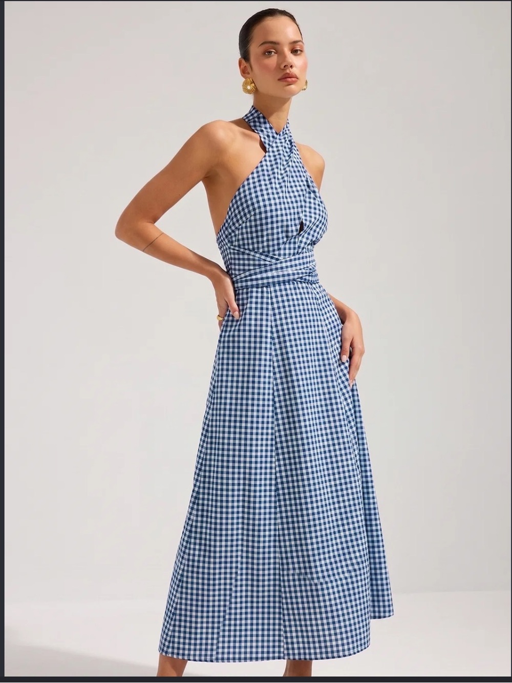 Commense Blue and White Gingham Cotton Halter Maxi Dress